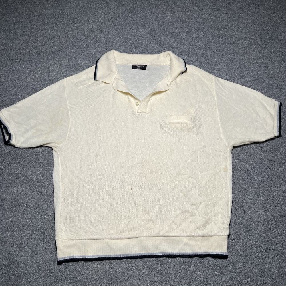 Vintage 60s Manhattan Sweater Mens Large Ivory Orlon Acrylic Polo USA Made